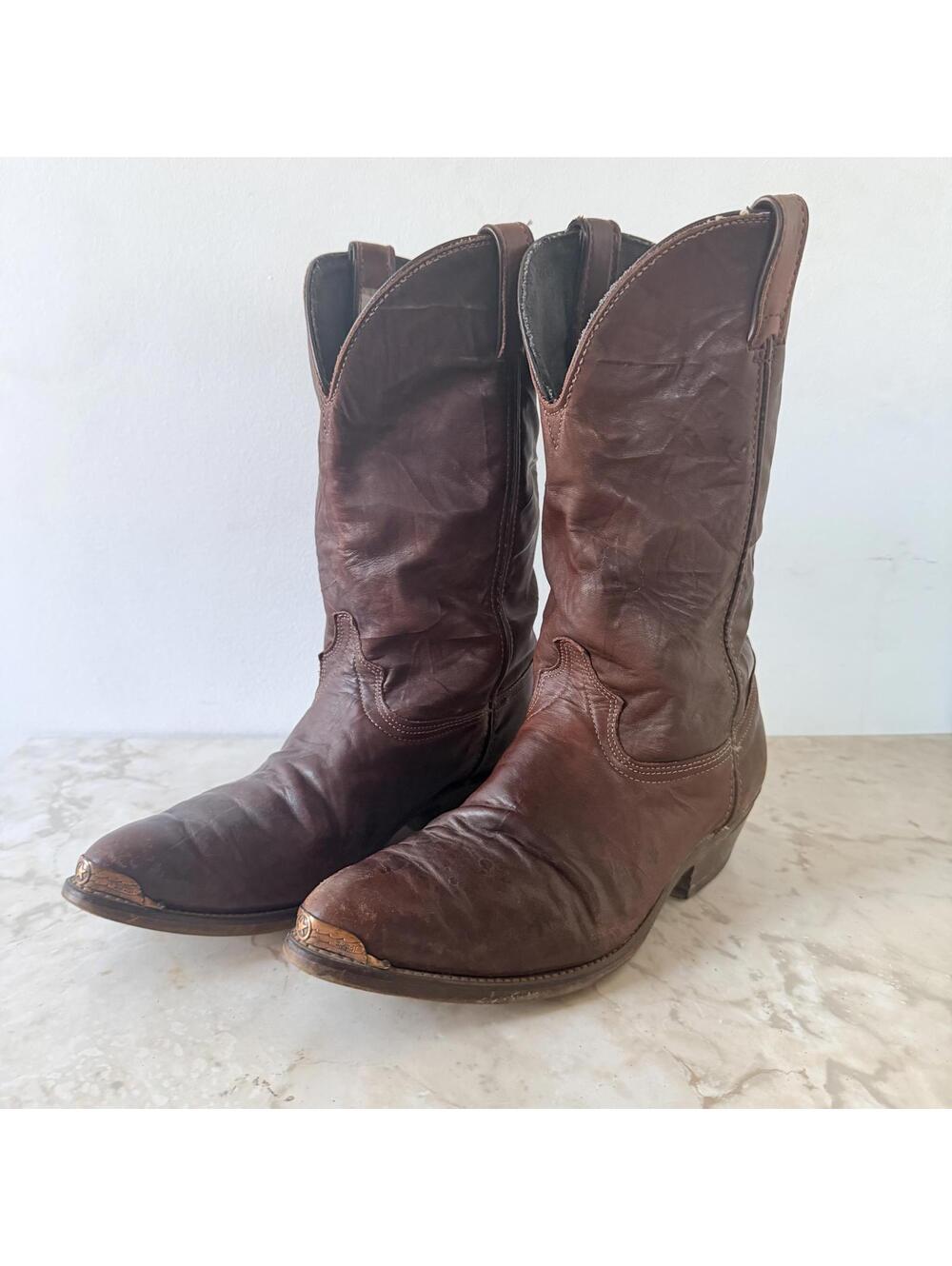 Vintage Leather Cowboy Boots with Metal Toe Caps Code West Broken In Brown
